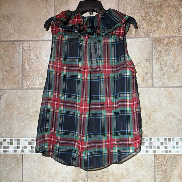 J. Crew Women's Sleeveless Ruffle Collar Plaid Button Down Blouse Size M - Picture 4 of 5